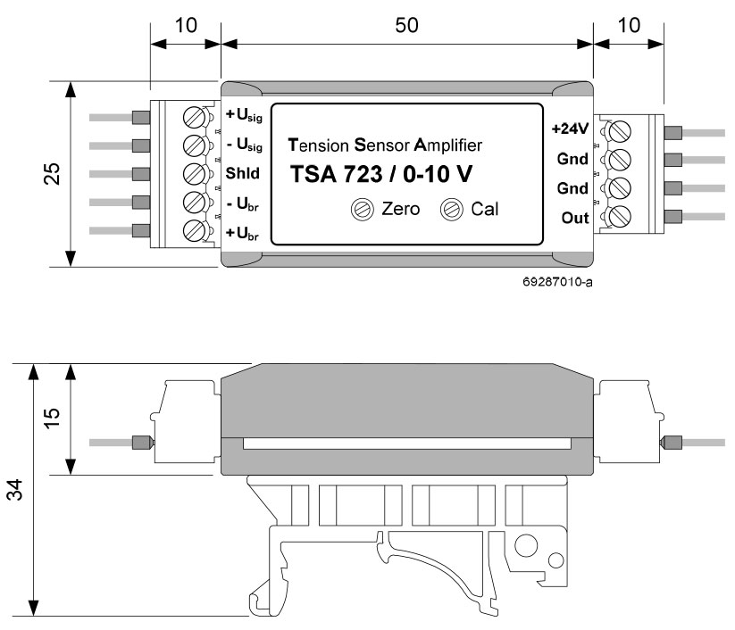 TSA723 Miniature Measuring Amplifier Dimensional Drawing Connection P (Standard)