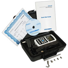 Series 4 gauges include a carrying case, set of implements, universal voltage AC adapter, battery, quick-start guide, USB cable, resource CD (USB driver, MESUR Lite software, MESURgauge DEMO software, and user's guide), and NIST-traceable certificate of c