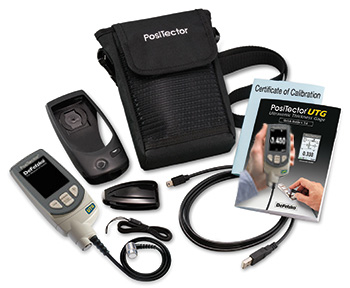 The PosiTector UTG comes complete with body and probe, couplant, rubber holster with belt clip, wrist strap, 3 AAA batteries, instructions, nylon carrying case with shoulder strap, protective lens shield, Certificate of Calibration, USB Cable and software