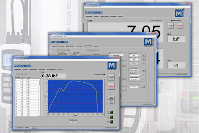 Consider MESUR™gauge Plus software for force vs. travel or force vs. time data acquisition, plotting, analysis, reporting, as well as motion control. The software coordinates motor start / stop and data acquisition with one click.