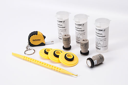 PosiTector CMM IS Basic Kit Includes - 3 CMM IS probes, 3 Saturated Salt Solutions, 3 Calibration Check Chambers, 3 Caps, Extraction Tool, Tape Measure, 10 A-76/LR-44 coin cell batteries