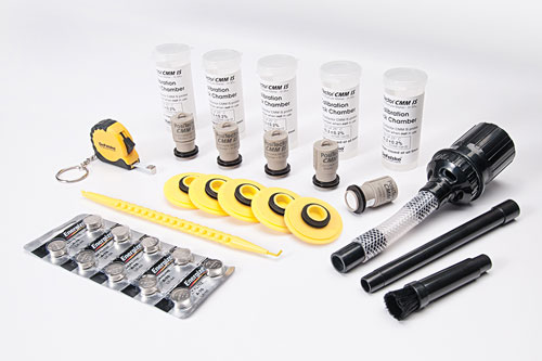 PosiTector CMM IS Complete Kit Includes - 5 CMM IS probes, 5 Saturated Salt Solutions, 5 Calibration Check Chambers, 5 Caps, Extraction Tool, Tape Measure, Vacuum Tool Attachments, 10 A-76/LR-44 coin cell batteries, Hard shell carrying case